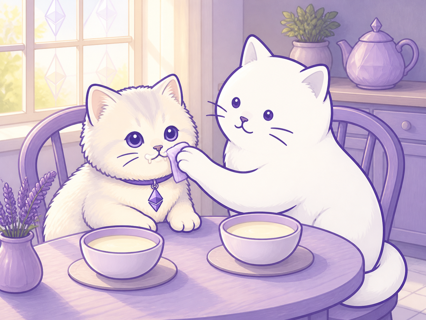 The adult cat wipes a milk moustache from the kitten at breakfast
