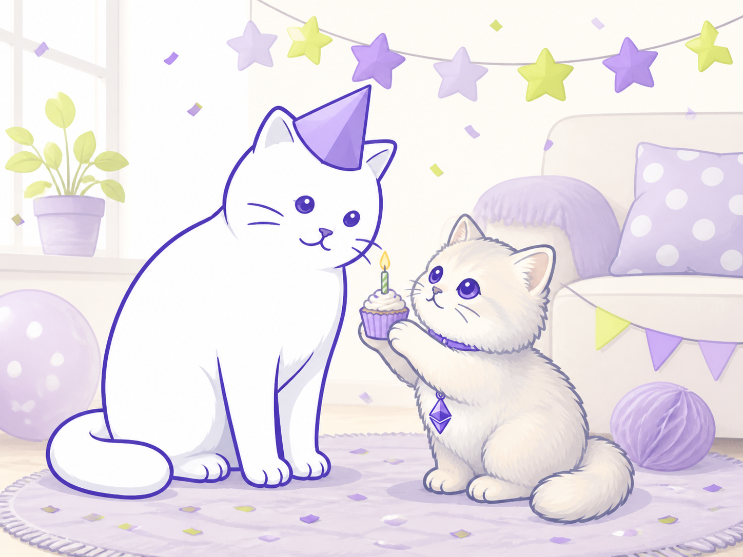 The kitten shares a birthday cupcake with the adult cat